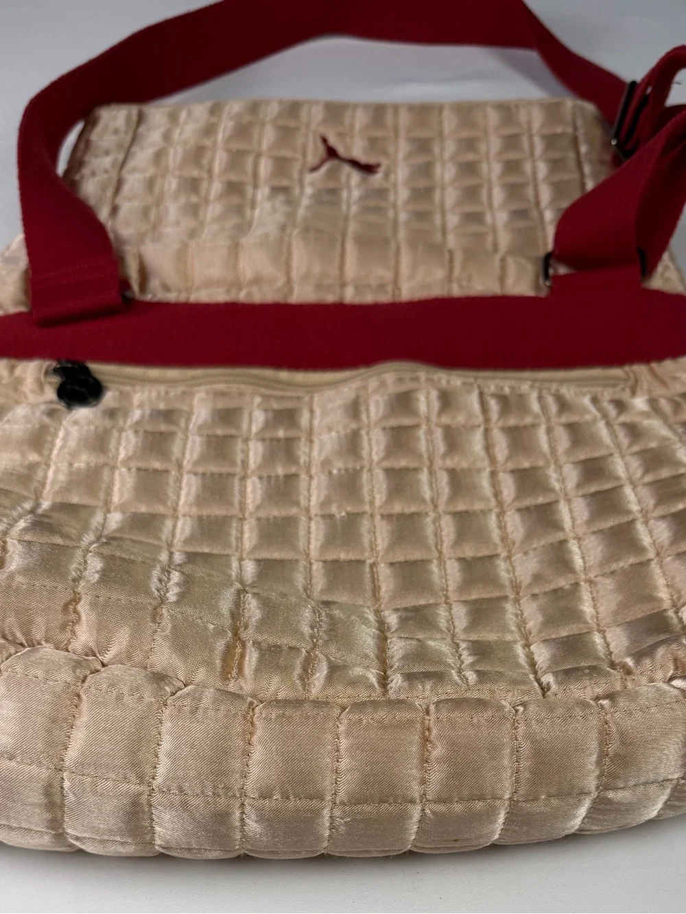 Vintage Puma Quilted Crossbody Bag in Champagne with Red Strap- Classic Puma